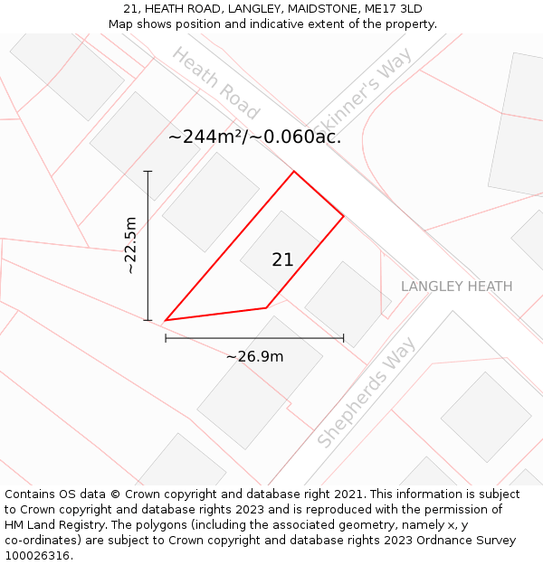 21, HEATH ROAD, LANGLEY, MAIDSTONE, ME17 3LD: Plot and title map