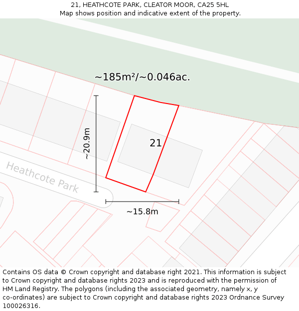 21, HEATHCOTE PARK, CLEATOR MOOR, CA25 5HL: Plot and title map