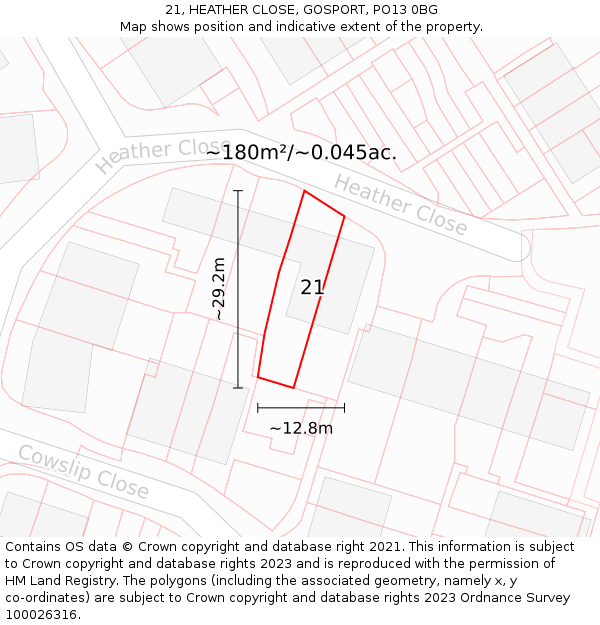 21, HEATHER CLOSE, GOSPORT, PO13 0BG: Plot and title map