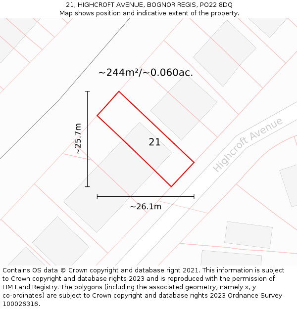 21, HIGHCROFT AVENUE, BOGNOR REGIS, PO22 8DQ: Plot and title map