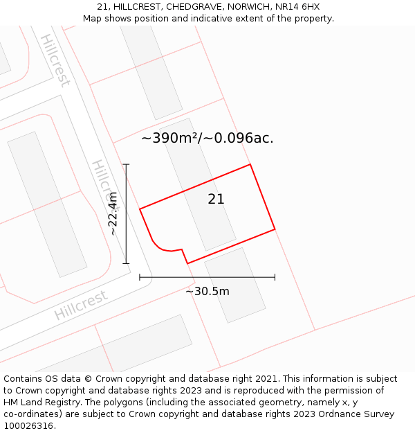 21, HILLCREST, CHEDGRAVE, NORWICH, NR14 6HX: Plot and title map