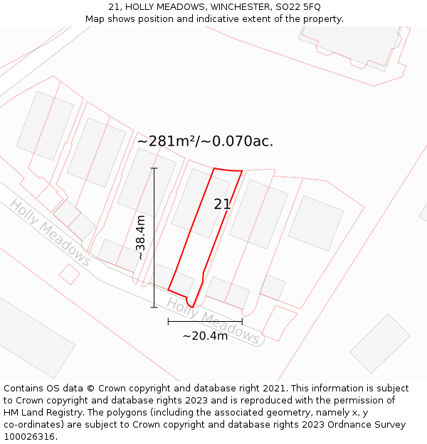 21, HOLLY MEADOWS, WINCHESTER, SO22 5FQ: Plot and title map