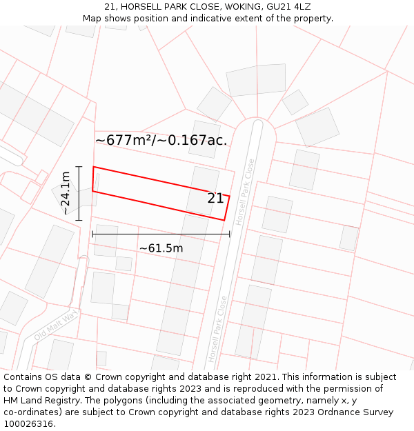 21, HORSELL PARK CLOSE, WOKING, GU21 4LZ: Plot and title map