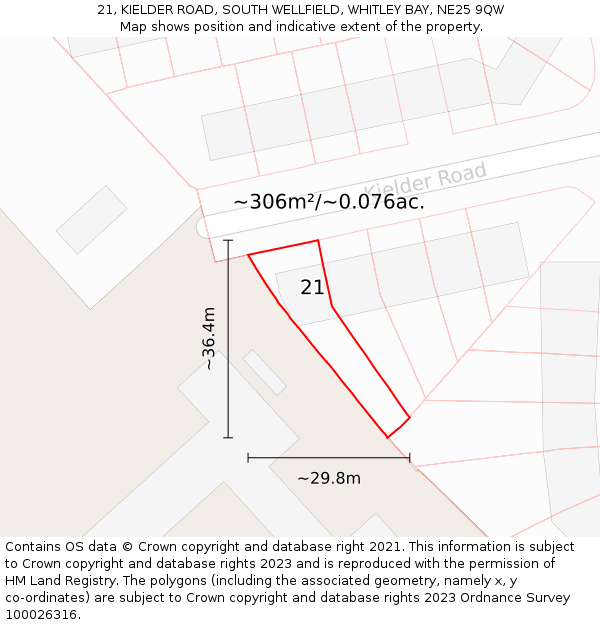 21, KIELDER ROAD, SOUTH WELLFIELD, WHITLEY BAY, NE25 9QW: Plot and title map