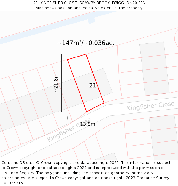 21, KINGFISHER CLOSE, SCAWBY BROOK, BRIGG, DN20 9FN: Plot and title map