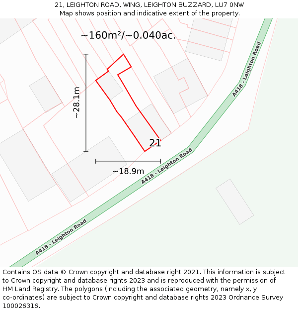 21, LEIGHTON ROAD, WING, LEIGHTON BUZZARD, LU7 0NW: Plot and title map