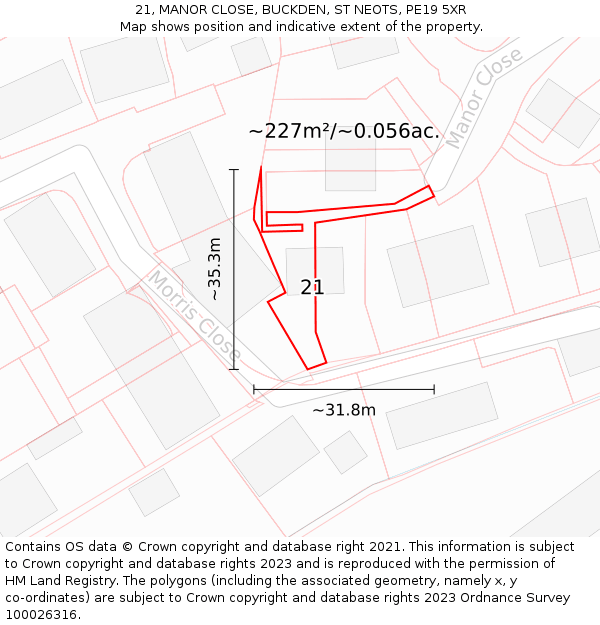21, MANOR CLOSE, BUCKDEN, ST NEOTS, PE19 5XR: Plot and title map
