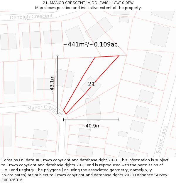 21, MANOR CRESCENT, MIDDLEWICH, CW10 0EW: Plot and title map