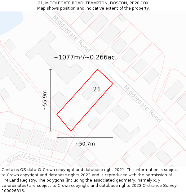 21, MIDDLEGATE ROAD, FRAMPTON, BOSTON, PE20 1BX: Plot and title map