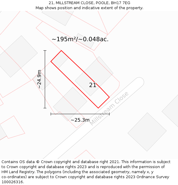 21, MILLSTREAM CLOSE, POOLE, BH17 7EG: Plot and title map