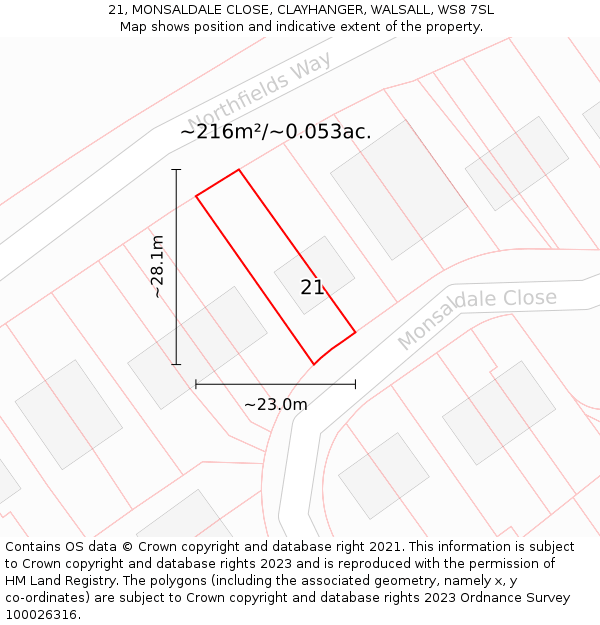 21, MONSALDALE CLOSE, CLAYHANGER, WALSALL, WS8 7SL: Plot and title map