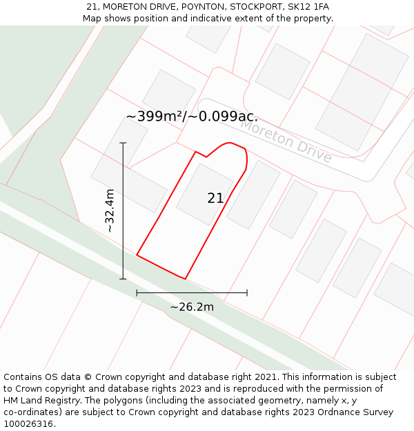 21, MORETON DRIVE, POYNTON, STOCKPORT, SK12 1FA: Plot and title map