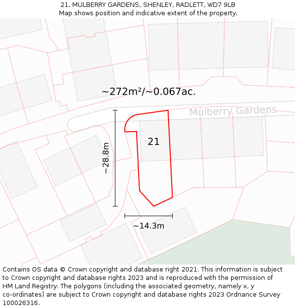 21, MULBERRY GARDENS, SHENLEY, RADLETT, WD7 9LB: Plot and title map