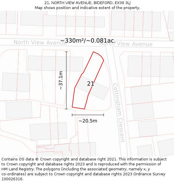 21, NORTH VIEW AVENUE, BIDEFORD, EX39 3LJ: Plot and title map