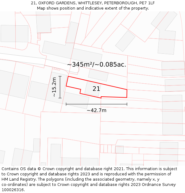 21, OXFORD GARDENS, WHITTLESEY, PETERBOROUGH, PE7 1LF: Plot and title map