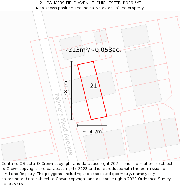 21, PALMERS FIELD AVENUE, CHICHESTER, PO19 6YE: Plot and title map