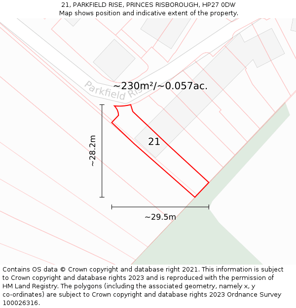 21, PARKFIELD RISE, PRINCES RISBOROUGH, HP27 0DW: Plot and title map