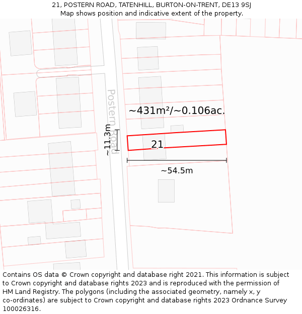 21, POSTERN ROAD, TATENHILL, BURTON-ON-TRENT, DE13 9SJ: Plot and title map