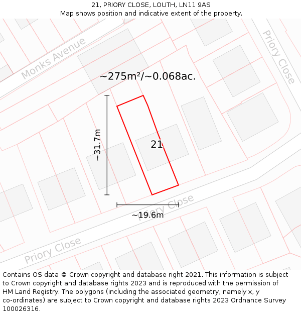 21, PRIORY CLOSE, LOUTH, LN11 9AS: Plot and title map