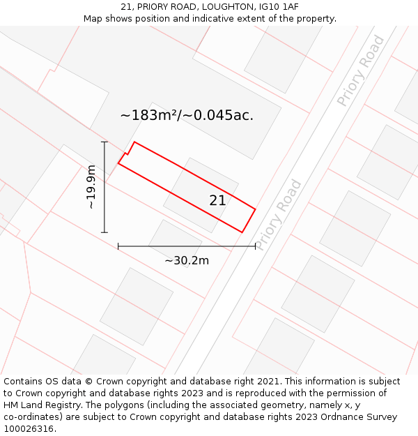 21, PRIORY ROAD, LOUGHTON, IG10 1AF: Plot and title map