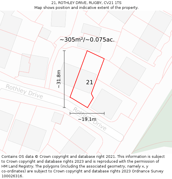 21, ROTHLEY DRIVE, RUGBY, CV21 1TS: Plot and title map