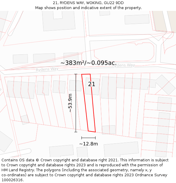 21, RYDENS WAY, WOKING, GU22 9DD: Plot and title map