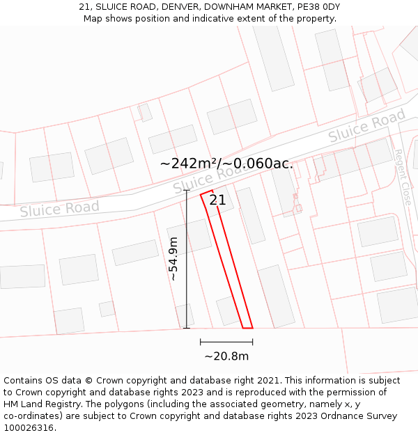 21, SLUICE ROAD, DENVER, DOWNHAM MARKET, PE38 0DY: Plot and title map