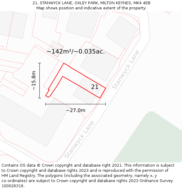 21, STANWYCK LANE, OXLEY PARK, MILTON KEYNES, MK4 4EB: Plot and title map