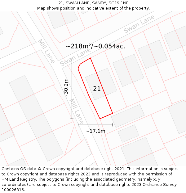 21, SWAN LANE, SANDY, SG19 1NE: Plot and title map