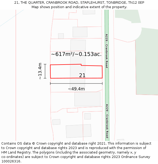 21, THE QUARTER, CRANBROOK ROAD, STAPLEHURST, TONBRIDGE, TN12 0EP: Plot and title map