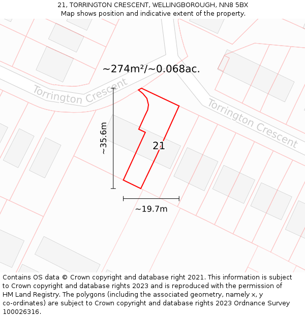 21, TORRINGTON CRESCENT, WELLINGBOROUGH, NN8 5BX: Plot and title map