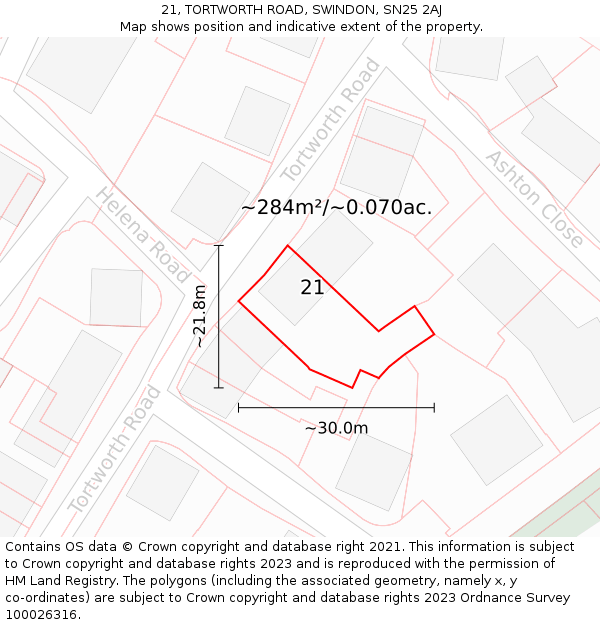 21, TORTWORTH ROAD, SWINDON, SN25 2AJ: Plot and title map