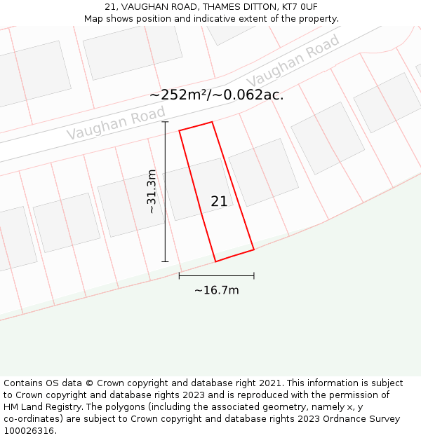 21, VAUGHAN ROAD, THAMES DITTON, KT7 0UF: Plot and title map