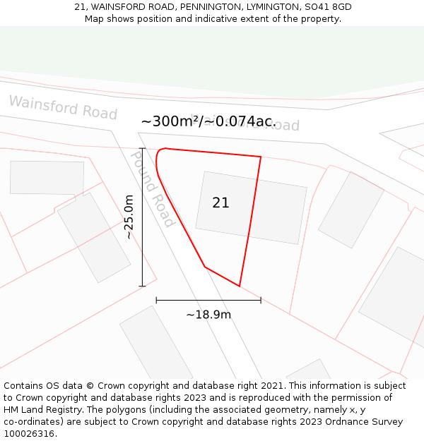 21, WAINSFORD ROAD, PENNINGTON, LYMINGTON, SO41 8GD: Plot and title map