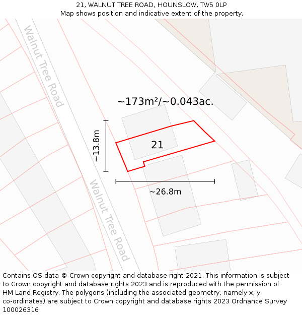 21, WALNUT TREE ROAD, HOUNSLOW, TW5 0LP: Plot and title map