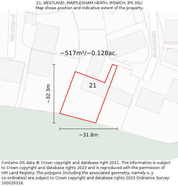 21, WESTLAND, MARTLESHAM HEATH, IPSWICH, IP5 3SU: Plot and title map