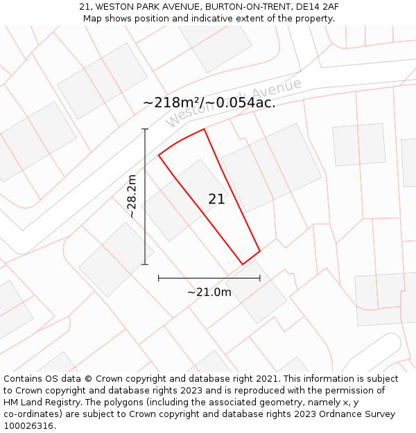 21, WESTON PARK AVENUE, BURTON-ON-TRENT, DE14 2AF: Plot and title map