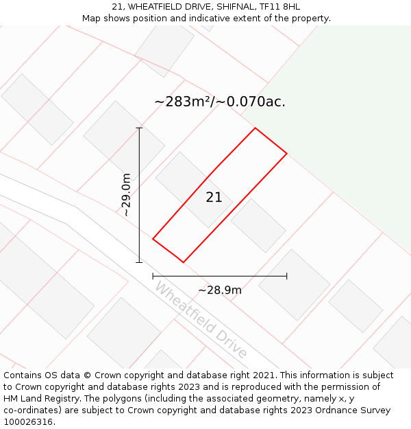 21, WHEATFIELD DRIVE, SHIFNAL, TF11 8HL: Plot and title map