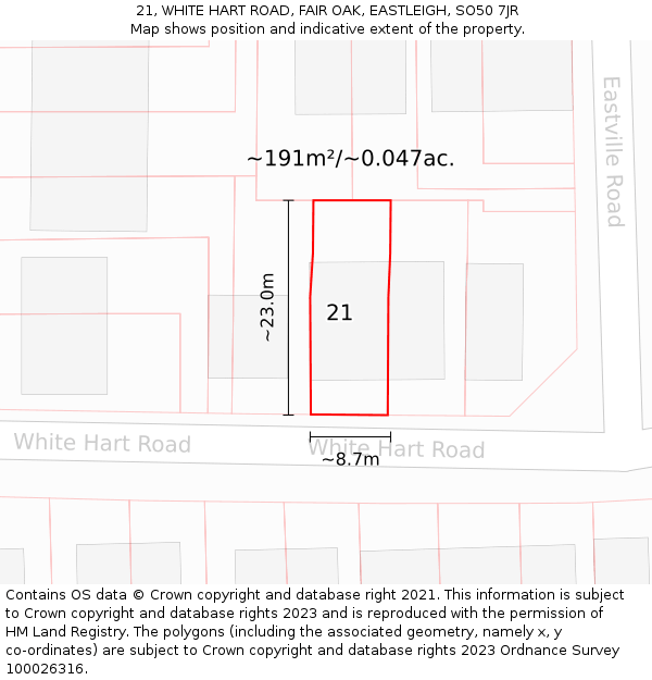 21, WHITE HART ROAD, FAIR OAK, EASTLEIGH, SO50 7JR: Plot and title map