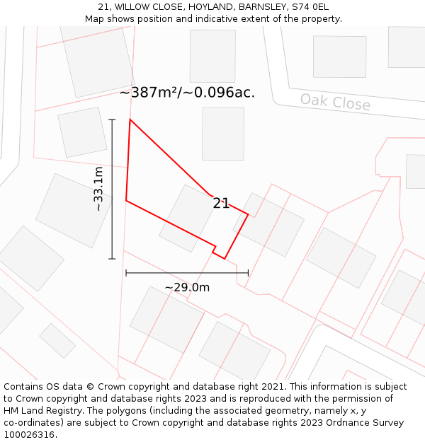 21, WILLOW CLOSE, HOYLAND, BARNSLEY, S74 0EL: Plot and title map