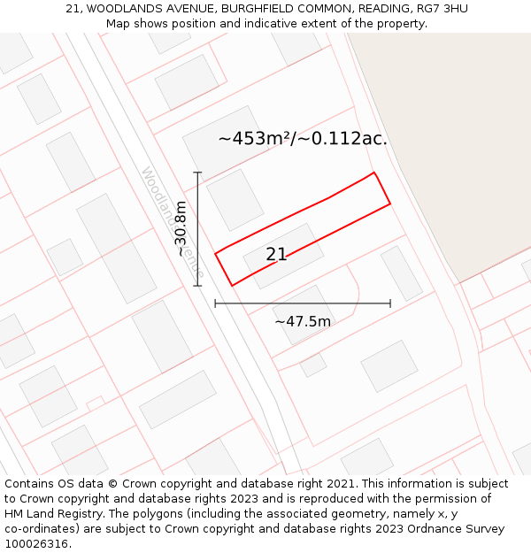 21, WOODLANDS AVENUE, BURGHFIELD COMMON, READING, RG7 3HU: Plot and title map