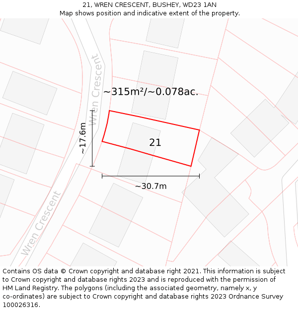 21, WREN CRESCENT, BUSHEY, WD23 1AN: Plot and title map