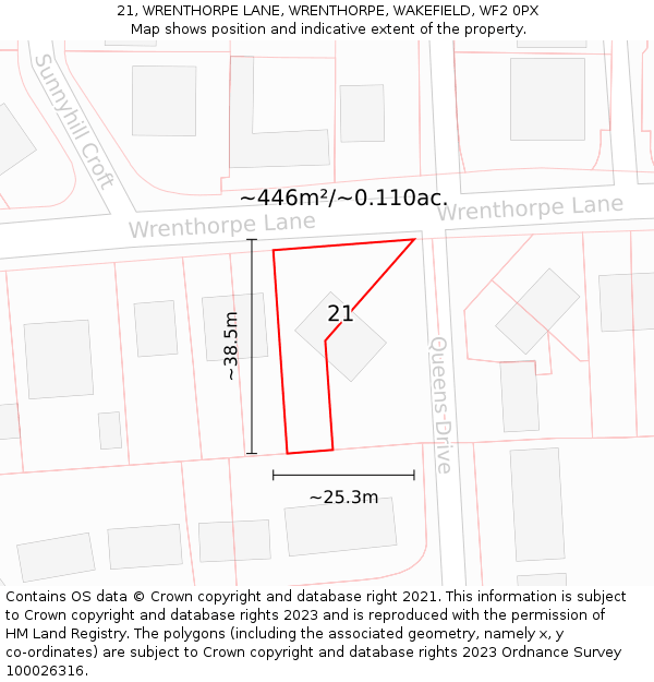 21, WRENTHORPE LANE, WRENTHORPE, WAKEFIELD, WF2 0PX: Plot and title map