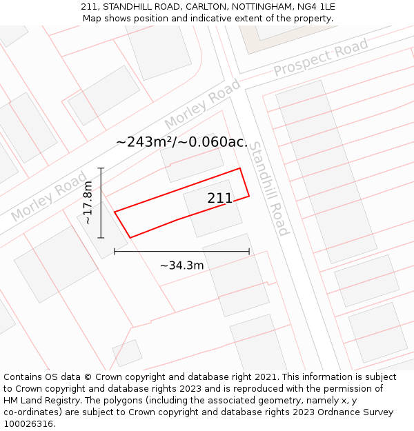 211, STANDHILL ROAD, CARLTON, NOTTINGHAM, NG4 1LE: Plot and title map