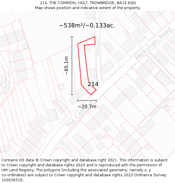 214, THE COMMON, HOLT, TROWBRIDGE, BA14 6QN: Plot and title map