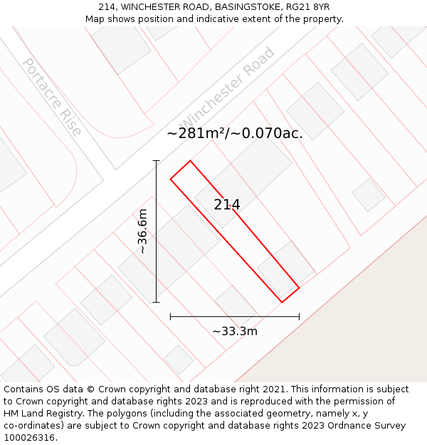 214, WINCHESTER ROAD, BASINGSTOKE, RG21 8YR: Plot and title map