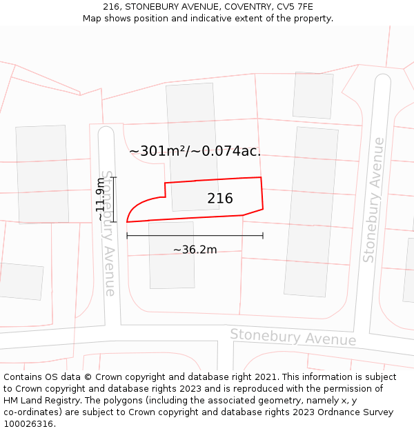 216, STONEBURY AVENUE, COVENTRY, CV5 7FE: Plot and title map