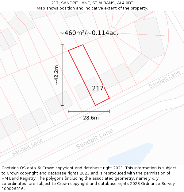 217, SANDPIT LANE, ST ALBANS, AL4 0BT: Plot and title map