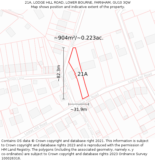 21A, LODGE HILL ROAD, LOWER BOURNE, FARNHAM, GU10 3QW: Plot and title map