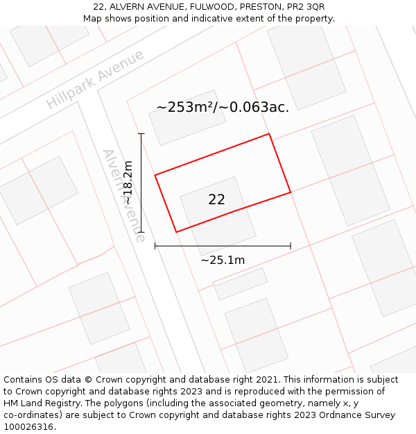 22, ALVERN AVENUE, FULWOOD, PRESTON, PR2 3QR: Plot and title map